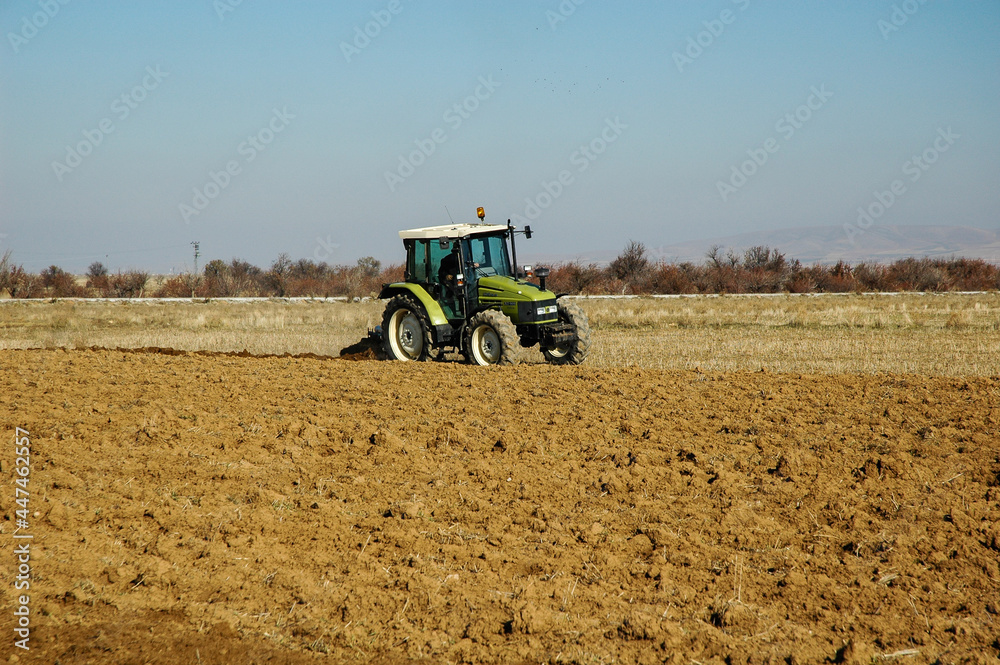 Obraz premium green tractor plows the field