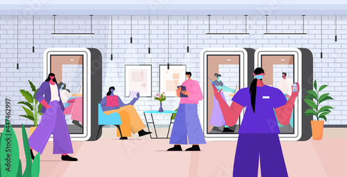 female doctor in mask vaccinating businesspeople patients fight against coronavirus vaccine development concept