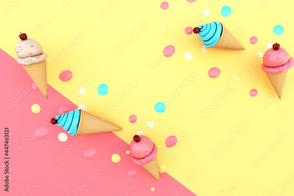 Melted Ice Cream on Paper Background. Summer time. 3D illustration, 3D rendering	