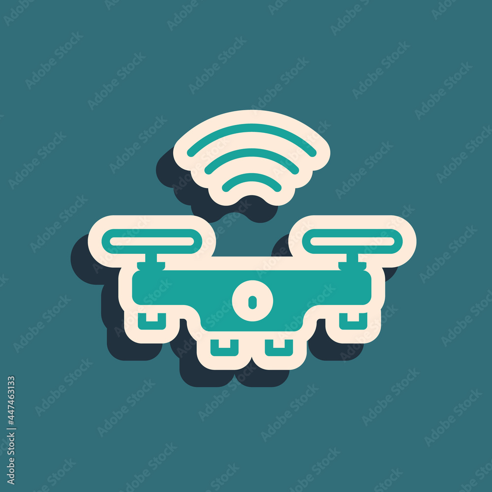 Green Smart drone system icon isolated on green background. Quadrocopter with video and photo camera symbol. Long shadow style. Vector Green Smart drone system icon isolated on green background. Quadrocopter with video and photo camera symbol. Long shadow style. Vector