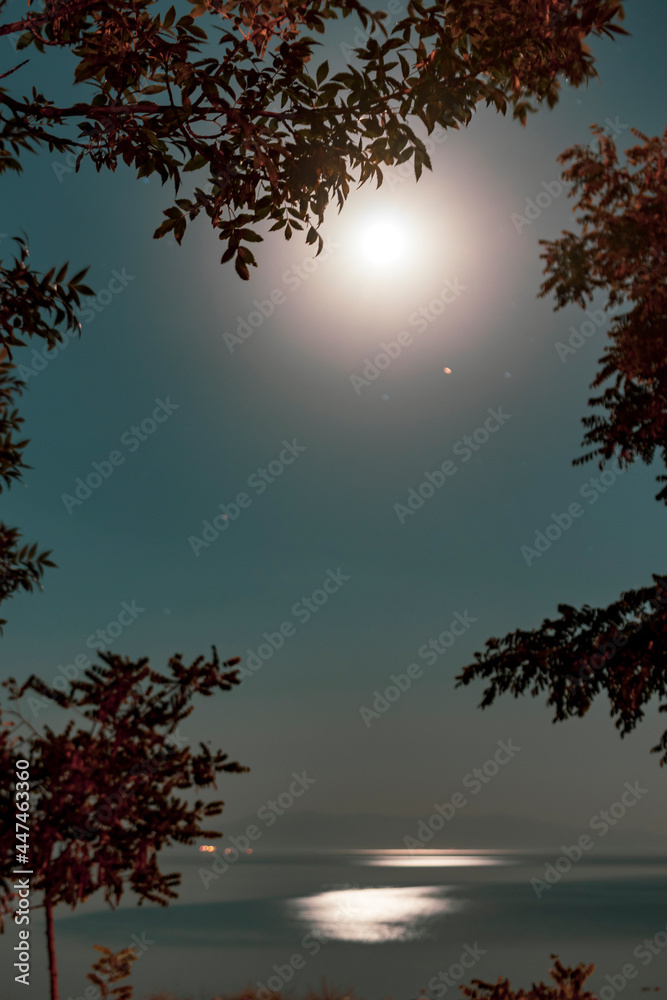 Fototapeta premium Moon and Yakamoz on Lake Van. low aperture long exposure photography.