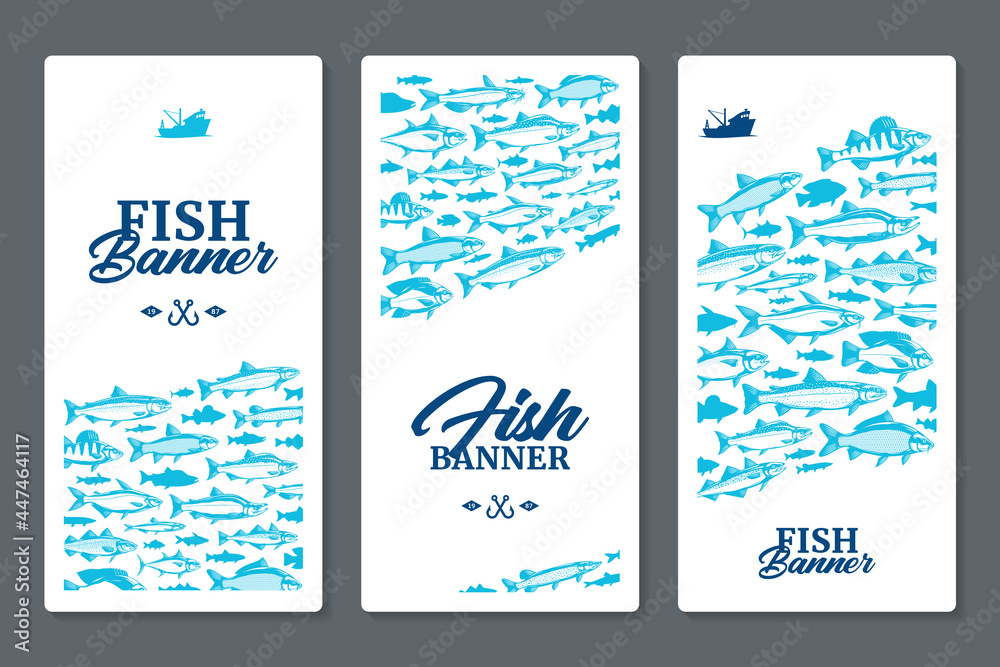 Fish vertical banner or flyer concept with fish illustrations and silhouettes on a background for fisheries, fishing, fish markets, packaging or advertising