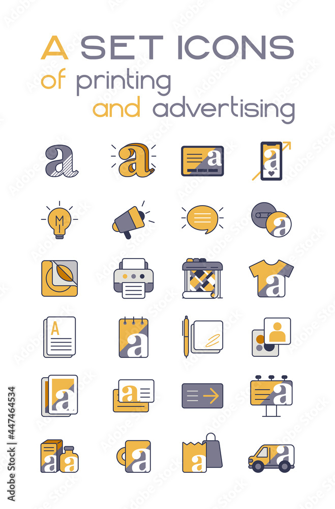 A set of typography and advertising icons. Flat fashionable print and advertising icons, yellow and gray.