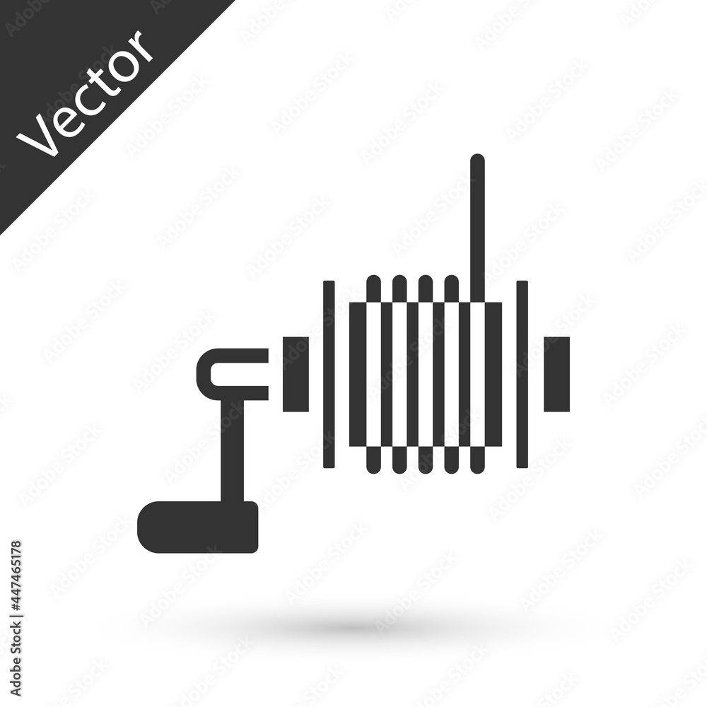Grey Spinning reel for fishing icon isolated on white background. Fishing coil. Fishing tackle. Vector Grey Spinning reel for fishing icon isolated on white background. Fishing coil. Fishing tackle. Vector