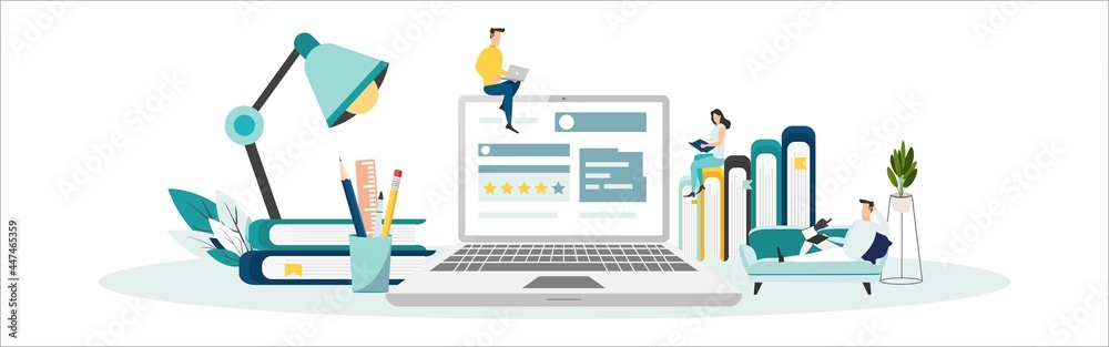 Characters with different devices sitting near computer, filling survey form, giving positive five star feedback and writing comments. User experiences concept. Vector Illustration. Characters with different devices sitting near computer, filling survey form, giving positive five star feedback and writing comments. User experiences concept. Vector Illustration.