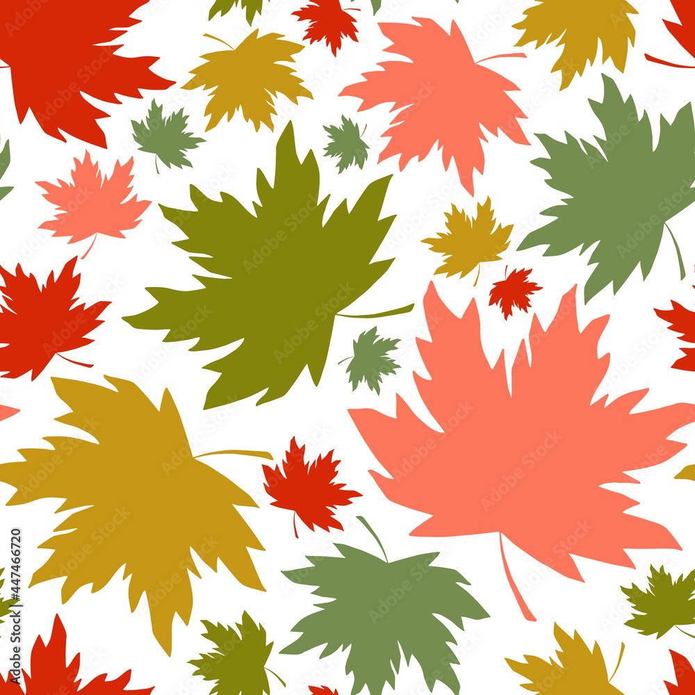 Falling maple leaves seamless pattern. Colored acer foliage silhouette boundless background. Fall endless texture. Red and green autumn leaves cute colorful repeating surface design Falling maple leaves seamless pattern. Colored acer foliage silhouette boundless background. Fall endless texture. Red and green autumn leaves cute colorful repeating surface design