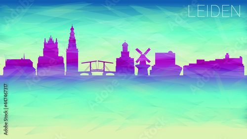 Leiden Netherlands Skyline City Vector Silhouette. Broken Glass Abstract Geometric Dynamic Textured. Banner Background. Colorful Shape Composition.