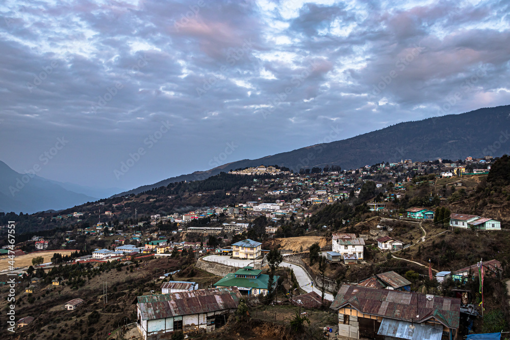 tawang city view from mountain top at dawn from flat angle