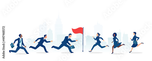 Vector of a group of business men and businesswomen running towards the career goal, competing