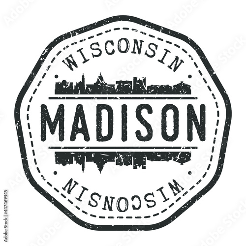 Madison, WI, USA Stamp Skyline Postmark. Silhouette Postal Passport. City Round Vector Icon. Vintage Postage Design.