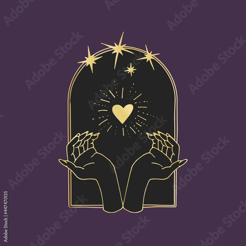 Vintage Mystic hands and shining heart inside arch with stars Illustration