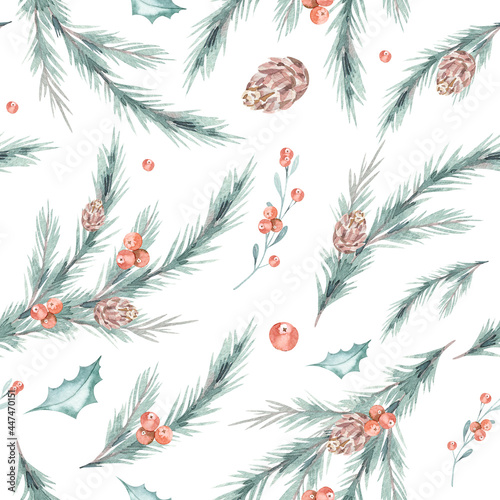 Watercolor christmas floral winter seamless natural pattern with green branches and red berries. Christmas background. New year digital paper