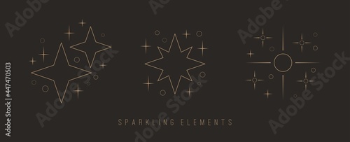 Outline twinkle Stars. Golden Sparkles. Various shapes. Minimalistic Icons. Elegant thin line simple geometric design. Party, celebration concept. Trendy Vector set. All elements are isolated