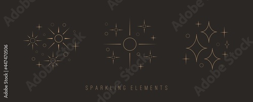 Outline twinkle Stars. Golden Sparkles. Various shapes. Minimalistic Icons. Elegant thin line simple geometric design. Party, celebration concept. Trendy Vector set. All elements are isolated