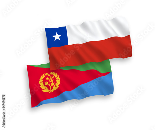 National vector fabric wave flags of Eritrea and Chile isolated on white background. 1 to 2 proportion.
