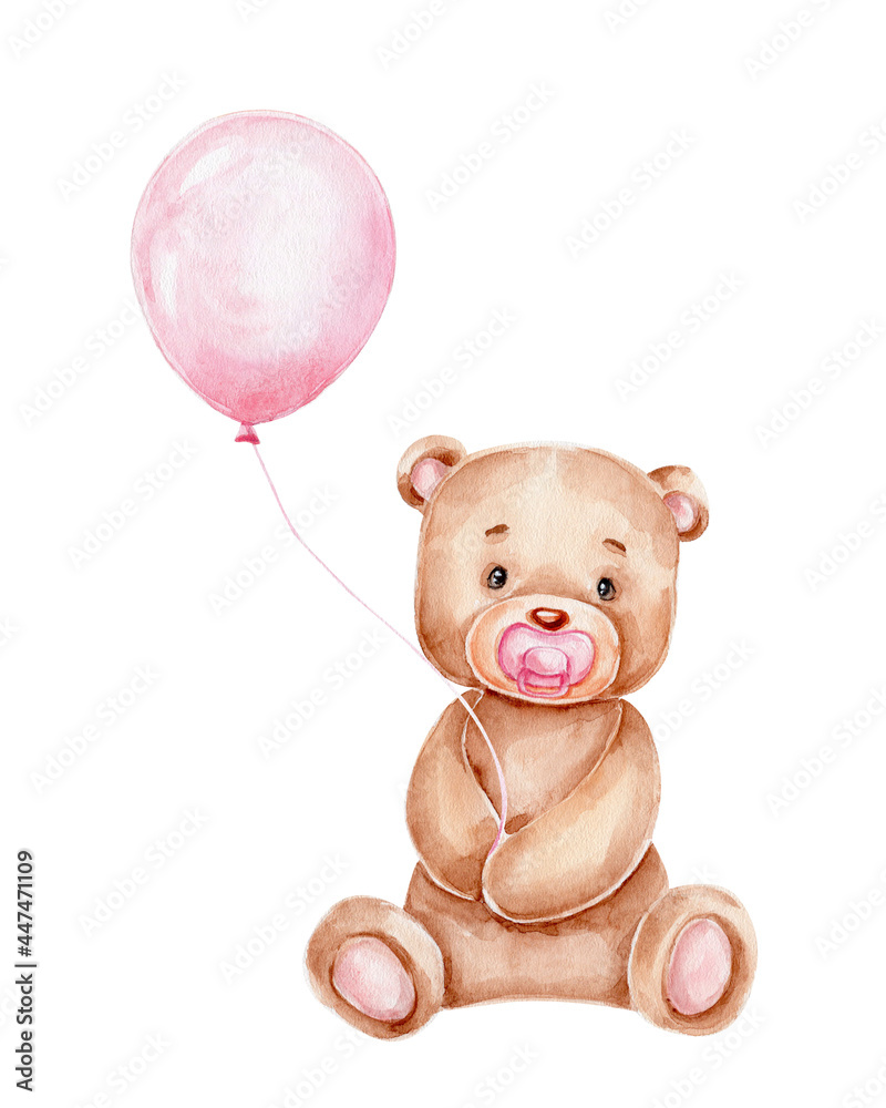 Cute cartoon teddy bear and pink balloon; watercolor hand drawn  illustration; with white isolated background Stock-Illustration | Adobe  Stock