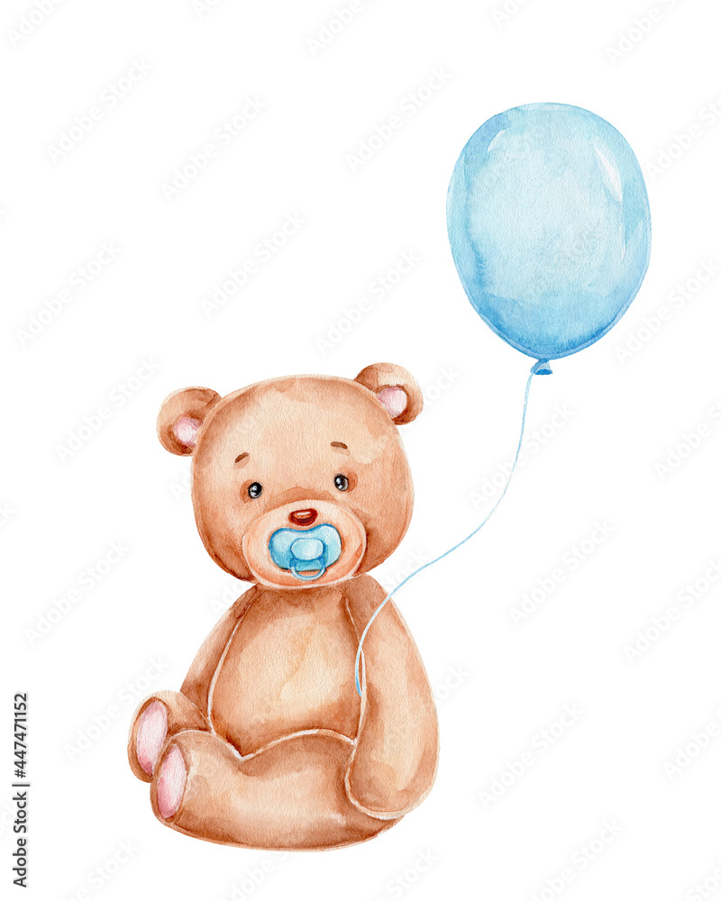 Cute cartoon teddy bear and blue balloon; watercolor hand drawn  illustration; with white isolated background Stock Illustration | Adobe  Stock