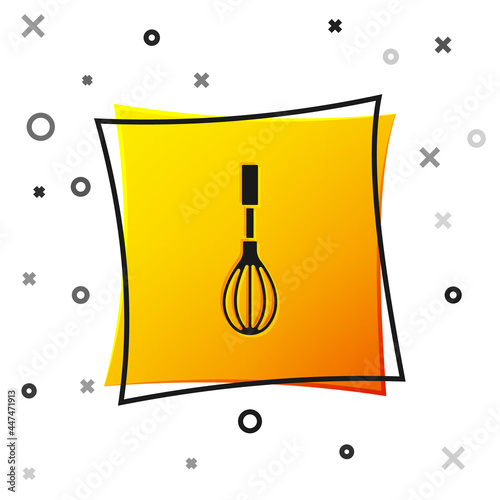Black Kitchen whisk icon isolated on white background. Cooking utensil, egg beater. Cutlery sign. Food mix symbol. Yellow square button. Vector