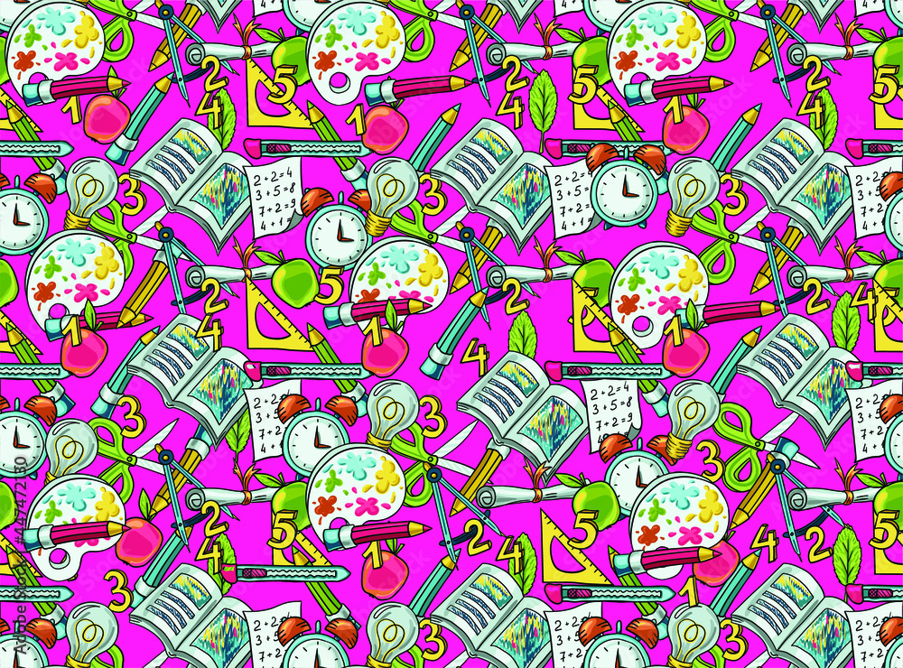 Vector seamless pattern with hand drawn school and learning accessories. Scissors, paper, compasses, fruits, numbers, rulers, pencils, paints. Creative and hobby supplies sale background