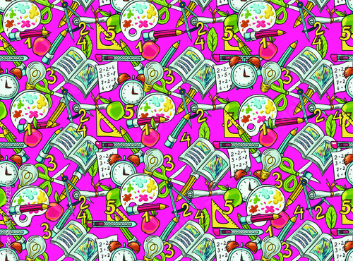 Vector seamless pattern with hand drawn school and learning accessories. Scissors, paper, compasses, fruits, numbers, rulers, pencils, paints. Creative and hobby supplies sale background