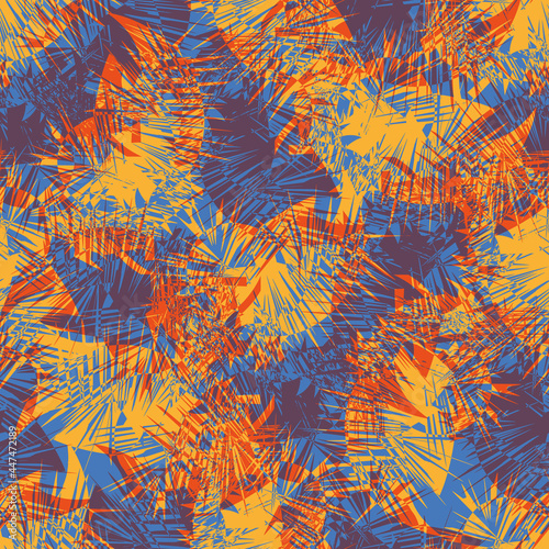 Cordyline leaf abstract seamless vector pattern background. Tropical spiky foliage backdrop in blue, orange, red. Modern botanical overlapping leaves texture. Colorful faux tie dye all over print