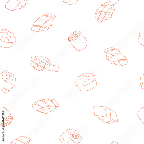 Japanese food. Sushi and rolls. Salmon, shrimp, caviar, nori seaweed, avocado, rice. Seamless vector pattern (background). Cartoon print.