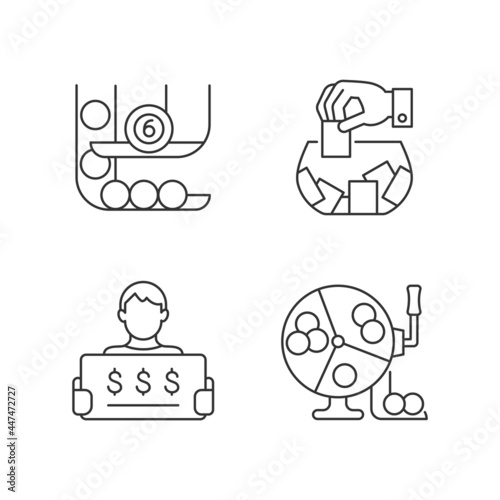 Lottery formats linear icons set. Ball draw machine. Raffle game. Million-dollar jackpot chance. Customizable thin line contour symbols. Isolated vector outline illustrations. Editable stroke