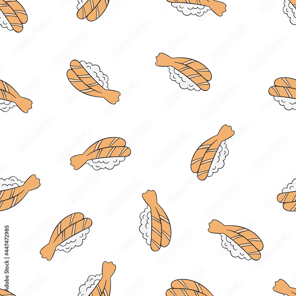 Japanese food. Sushi and rolls. Rice and fish food. Cartoon food print. Seamless vector pattern (background). Japanese food. Sushi and rolls. Rice and fish food. Cartoon food print. Seamless vector pattern (background).