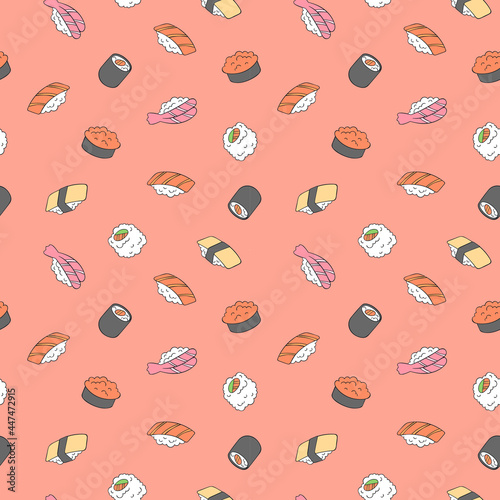 Japanese food. Sushi and rolls. Salmon, shrimp, caviar, nori seaweed, avocado, rice. Seamless vector pattern (background). Cartoon print.