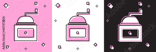 Set Manual coffee grinder icon isolated on pink and white, black background. Vector