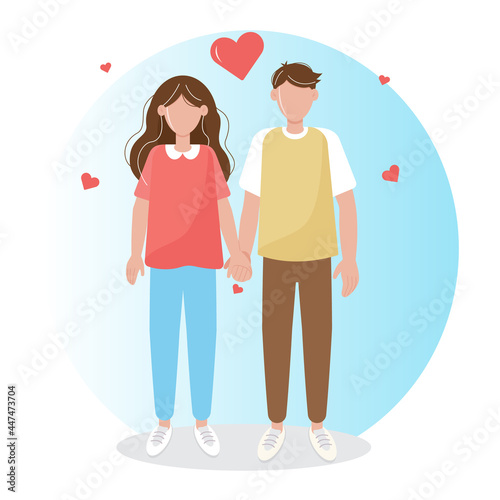 Loving couple, boyfriend and girlfriend holding hands. Blue background with hearts. Can be used as a print on T-shirts. Vector illustration for print and web.