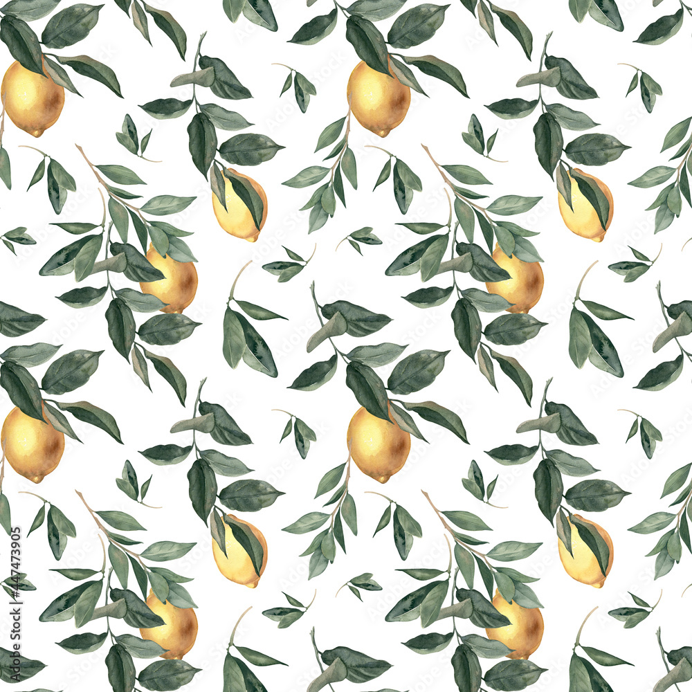 Watercolor seamless pattern with lemons and citrus branches.