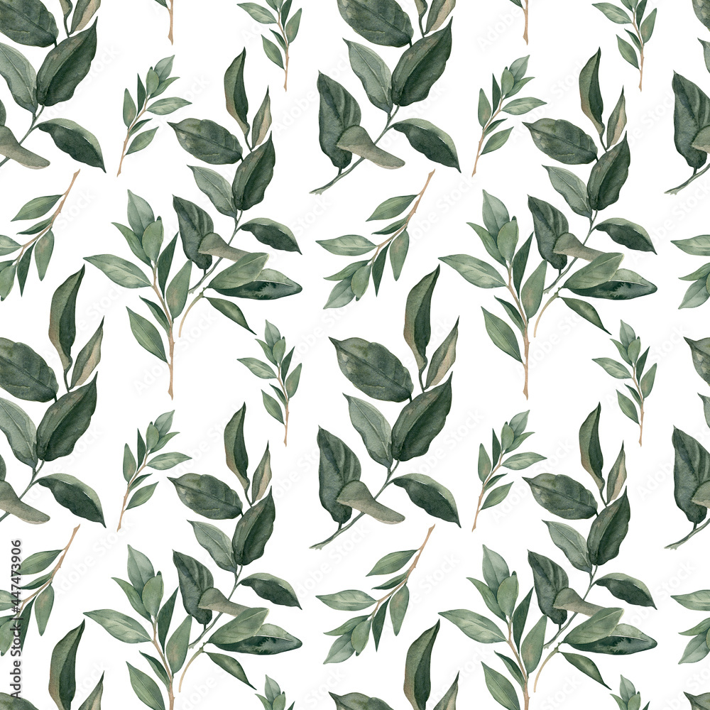 Watercolor greenery seamless pattern with citrus branches.