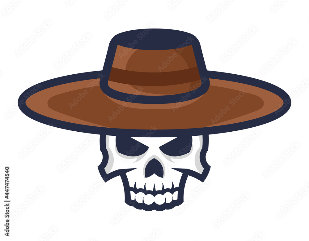 Skull in cowboy hat. Symbol of Wild West in cartoon style. Skull in cowboy hat. Symbol of Wild West in cartoon style.