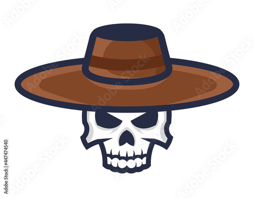 Skull in cowboy hat. Symbol of Wild West in cartoon style.