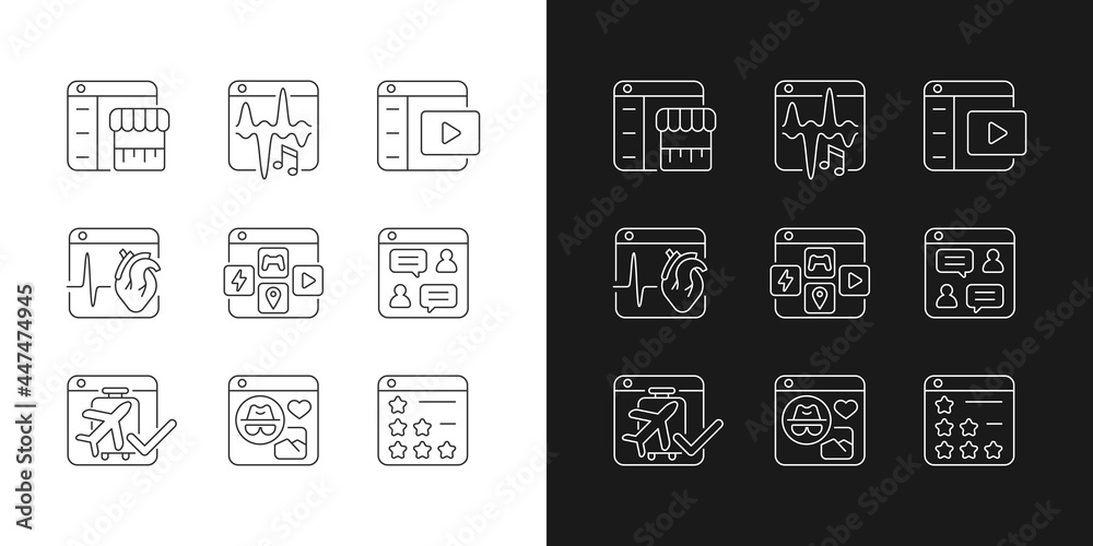 Digital platforms linear icons set for dark and light mode. Online marketplace. Stream media content. Healthcare. Customizable thin line symbols. Isolated vector outline illustrations. Editable stroke Digital platforms linear icons set for dark and light mode. Online marketplace. Stream media content. Healthcare. Customizable thin line symbols. Isolated vector outline illustrations. Editable stroke