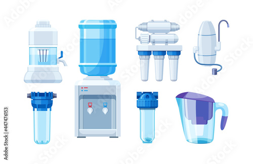 Set water filters for purification. Drinking filtration treatment system pure cleaning dispenser