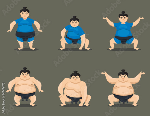 Set of sumo wrestlers in different poses. Male and female characters in cartoon style.