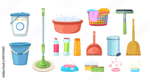Set different cleaning accessories. Hygienic supplies tools for cleansing service