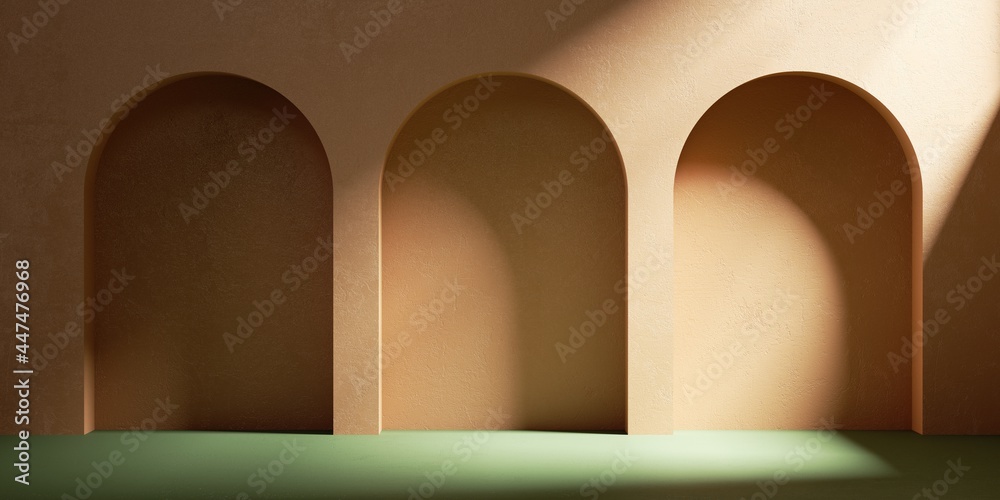 3d render. Abstract geometric terracotta background. Moroccan gallery wall with empty arch niches. Modern minimal showcase scene for product presentation - obrazy, fototapety, plakaty 