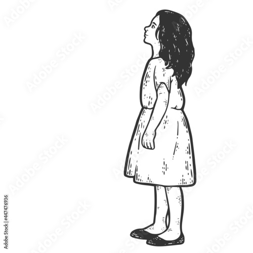 Girl looking up. Sketch scratch board imitation coloring. Engraving vector.
