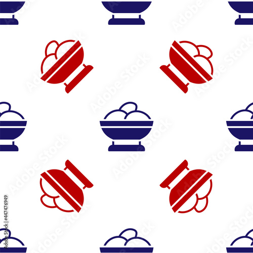 Blue and red Varenyky in a bowl icon isolated seamless pattern on white background. Pierogi, varenyky, dumpling, pelmeni, ravioli. Traditional Ukrainian food. Vector