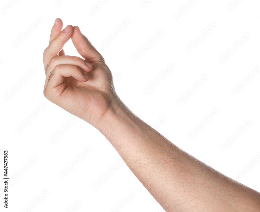 Man holding something on white background, closeup Man holding something on white background, closeup
