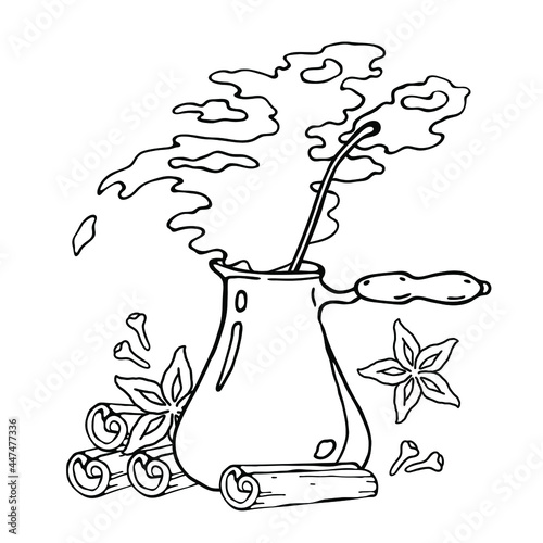 A turk for making coffee. Coffee with spices. Cardamom, cloves, cinnamon sticks. Vector on a white background. 