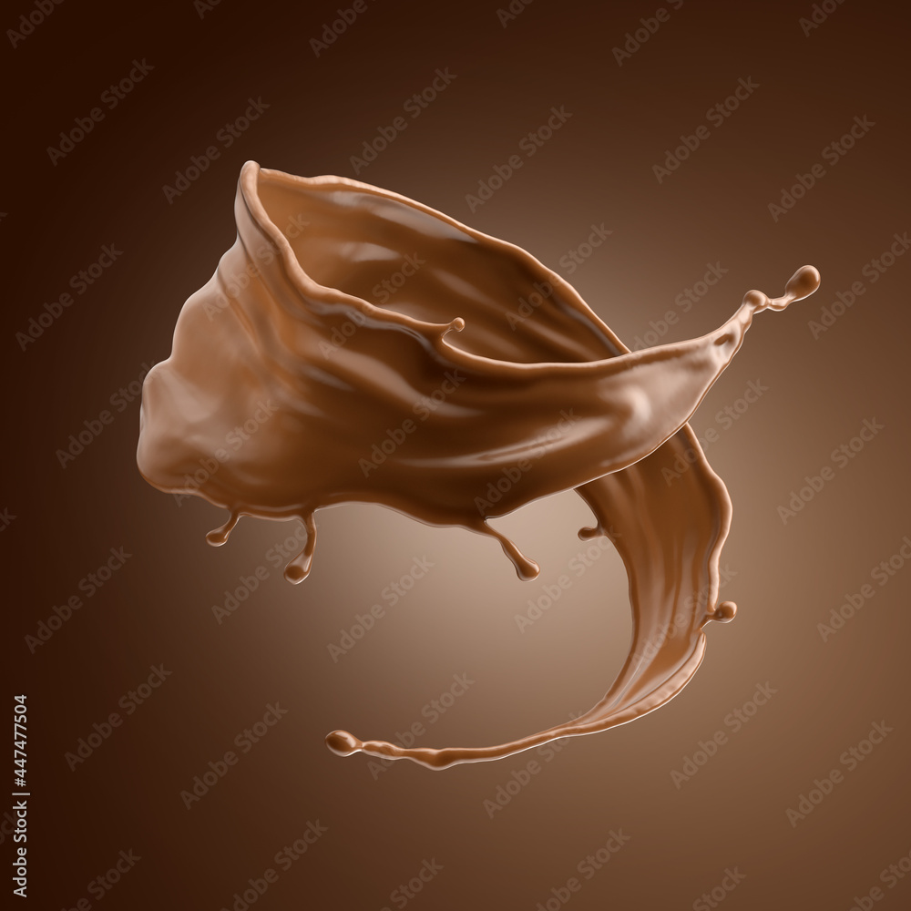 3d render, chocolate splash, cacao drink or coffee, splashing cooking ingredient. Abstract twisted dynamic liquid. Brown beverage clip art isolated on brown background 3d render, chocolate splash, cacao drink or coffee, splashing cooking ingredient. Abstract twisted dynamic liquid. Brown beverage clip art isolated on brown background