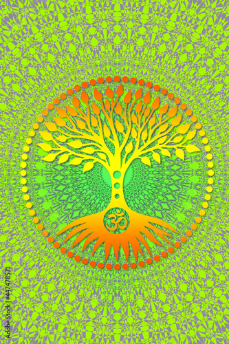 The tree of life in a circle on a mandal tracery background
Yellow green colors. Spiritual, mystical and ecological symbol. Pixel art graphic.
