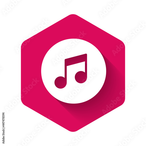 White Music note, tone icon isolated with long shadow. Pink hexagon button. Vector