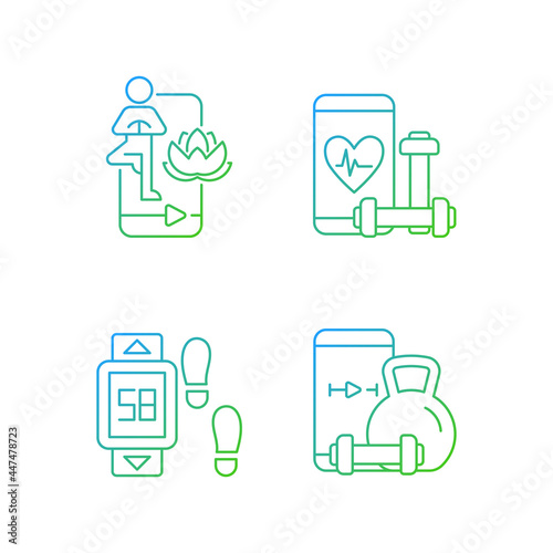 Online fitness yoga classes gradient linear vector icons set. Health and wellness apps. Distance travel step tracker. Thin line contour symbols bundle. Isolated vector outline illustrations collection