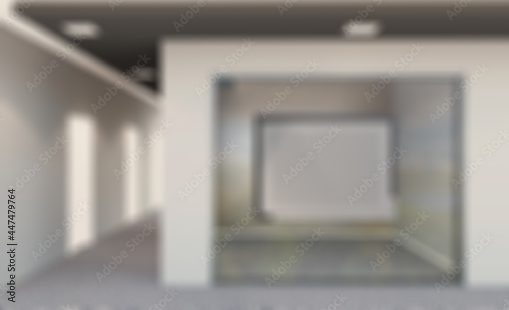 Bokeh blurred phototography. Modern meeting room. 3D rendering.. Mockup.   Empty paintings
