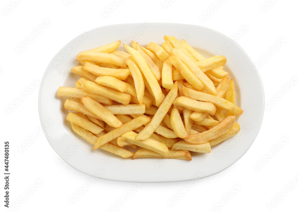 Yummy golden French fries on white background, top view Yummy golden French fries on white background, top view